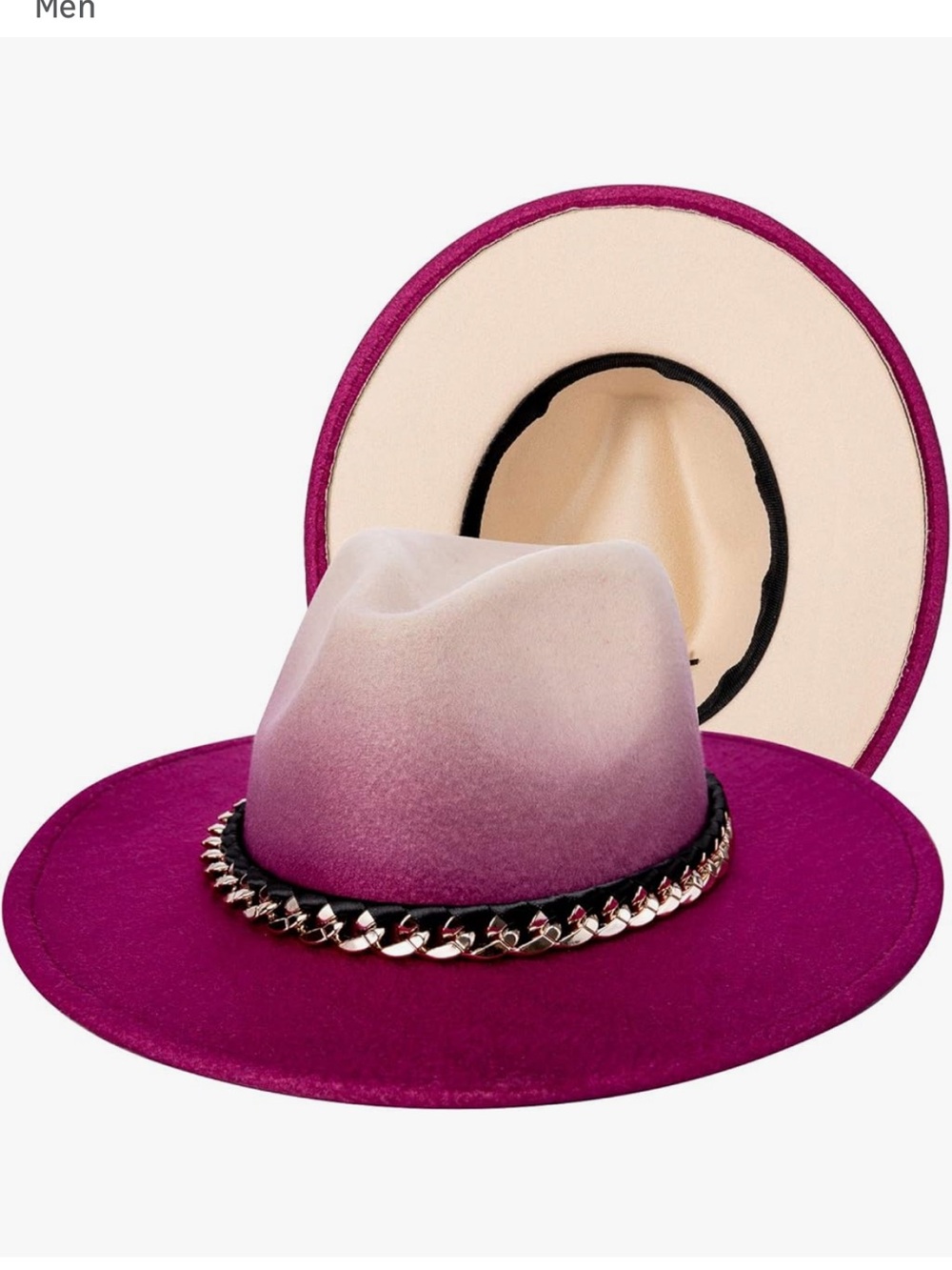 Women’s Ombre Fuchsia & Cream Wide Brim Fedora Dress Hat with Chain Band NWT